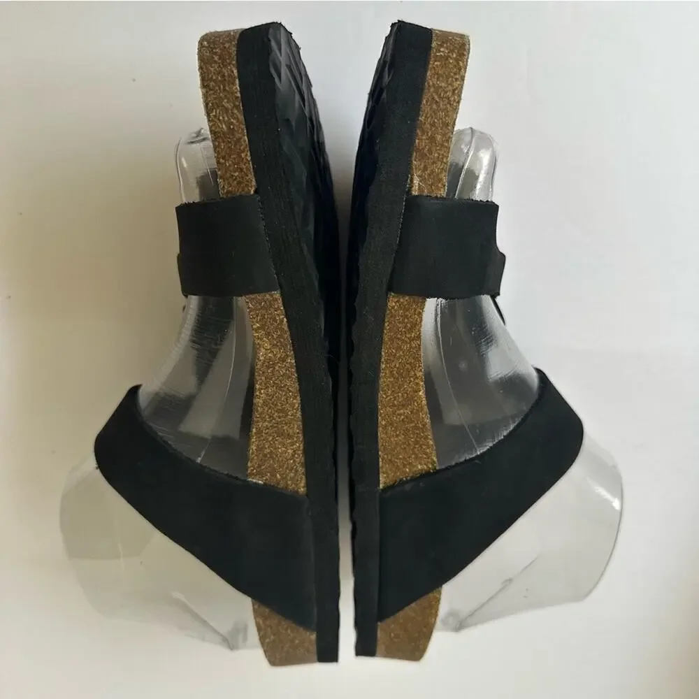 Mountain Sole Black Leather Braided Strap Sandals US 8 Cork Footbed Buckle